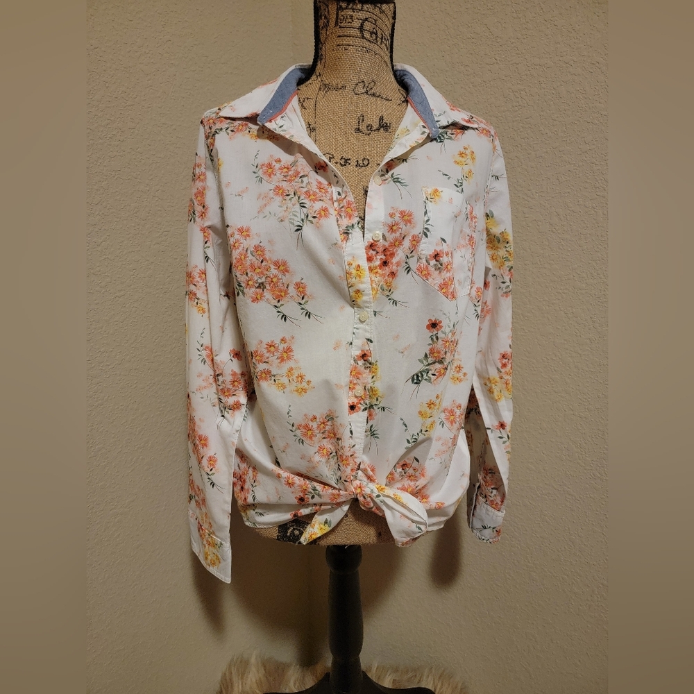 St. John's Bay White Button-Down Shirt with Orange & Yellow Floral Print